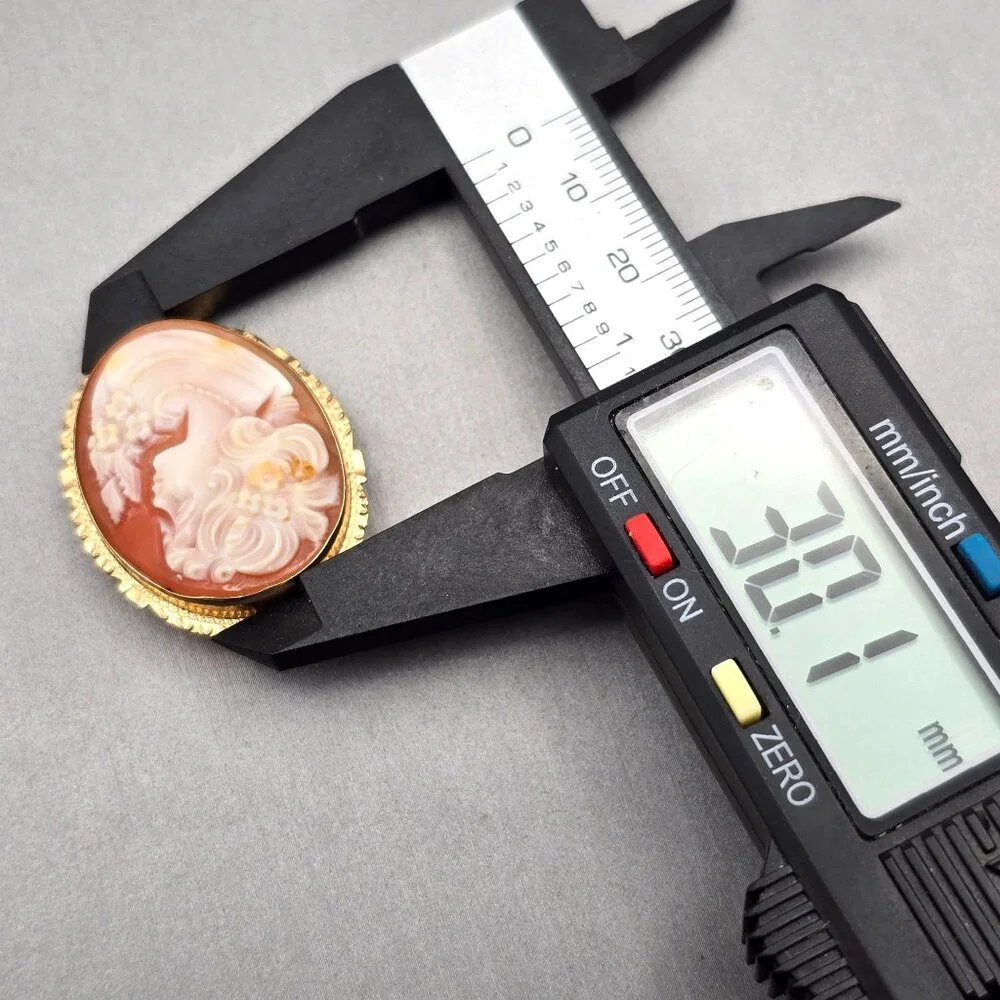 14K Yellow Gold Shell Cameo Brooch/Pendant Hand-Carved Profile 5.28g Signed LJI - Picture 9 of 11